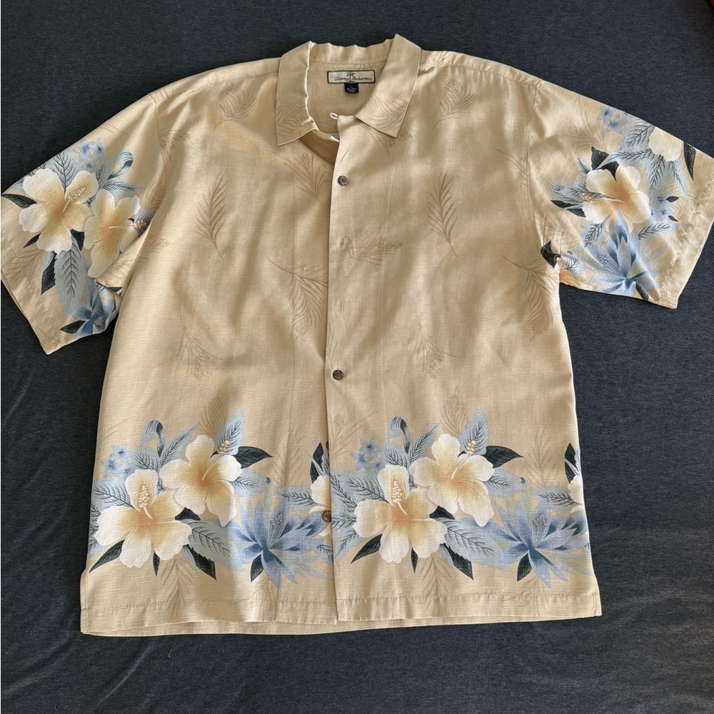 Tommy Bahama Blue and Tan Floral Silk Button Down Hawaiian Shirt